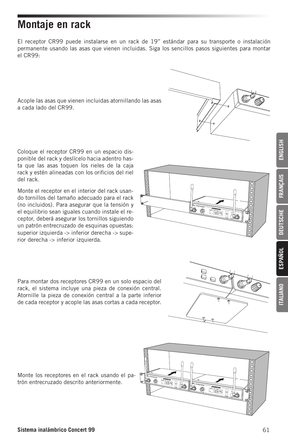 Montaje en rack | Samson CB99 Concert 99 Frequency-Agile UHF Beltpack Transmitter (D: 542 to 566 MHz) User Manual | Page 61 / 84