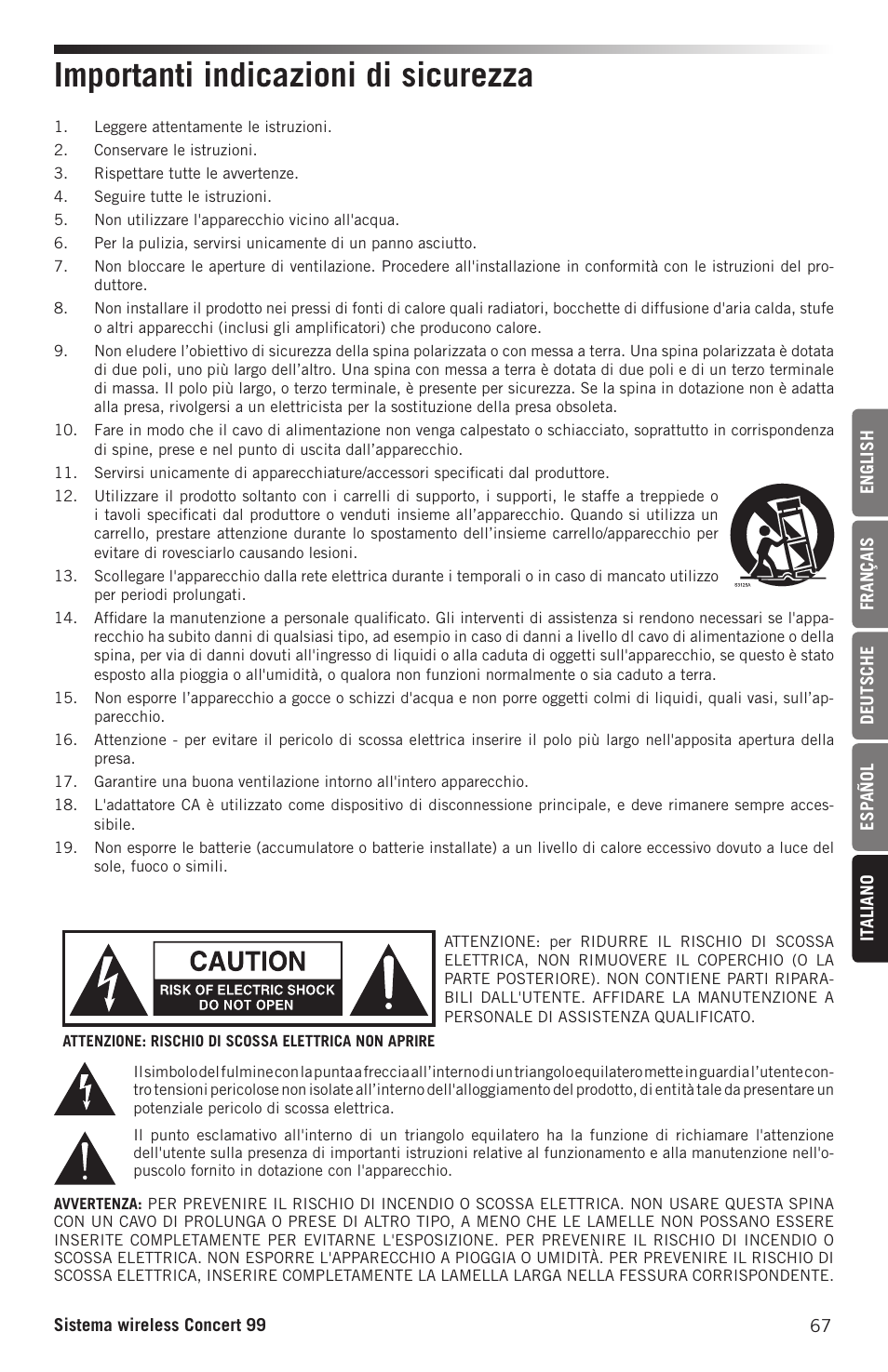 Importanti indicazioni di sicurezza | Samson CB99 Concert 99 Frequency-Agile UHF Beltpack Transmitter (D: 542 to 566 MHz) User Manual | Page 67 / 84