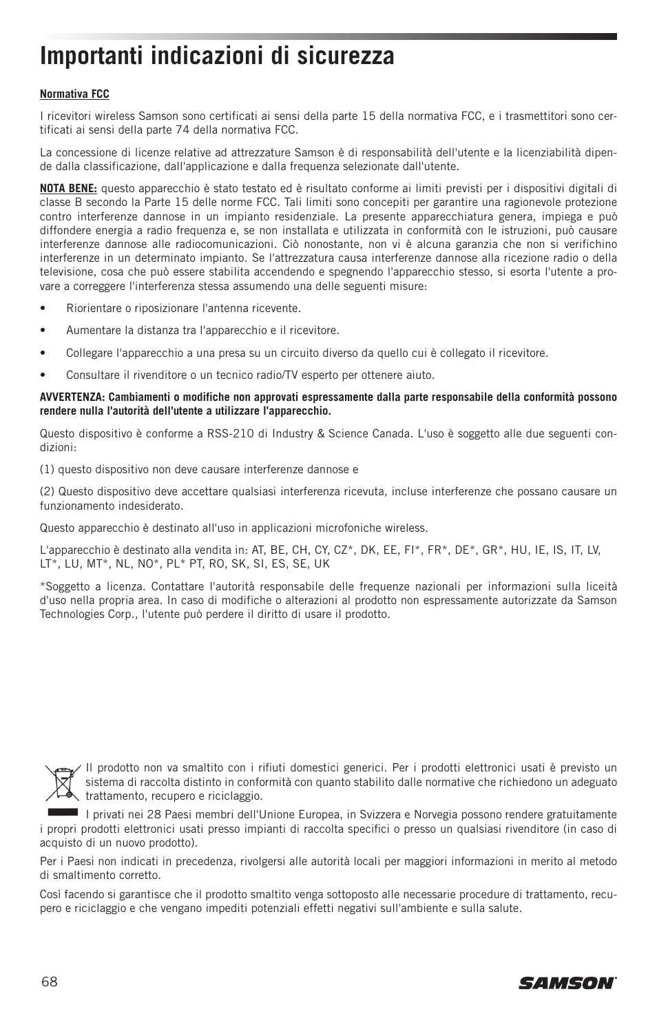 Importanti indicazioni di sicurezza | Samson CB99 Concert 99 Frequency-Agile UHF Beltpack Transmitter (D: 542 to 566 MHz) User Manual | Page 68 / 84