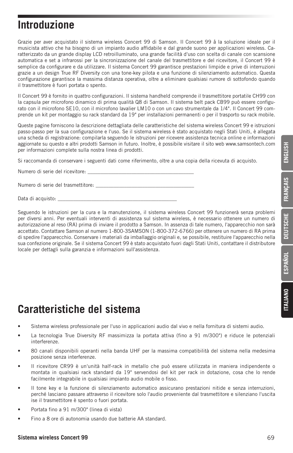 Introduzione caratteristiche del sistema | Samson CB99 Concert 99 Frequency-Agile UHF Beltpack Transmitter (D: 542 to 566 MHz) User Manual | Page 69 / 84