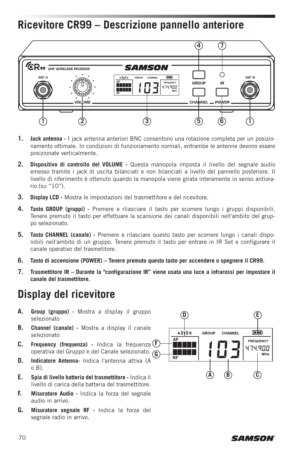 Display del ricevitore, Ricevitore cr99 – descrizione pannello anteriore | Samson CB99 Concert 99 Frequency-Agile UHF Beltpack Transmitter (D: 542 to 566 MHz) User Manual | Page 70 / 84