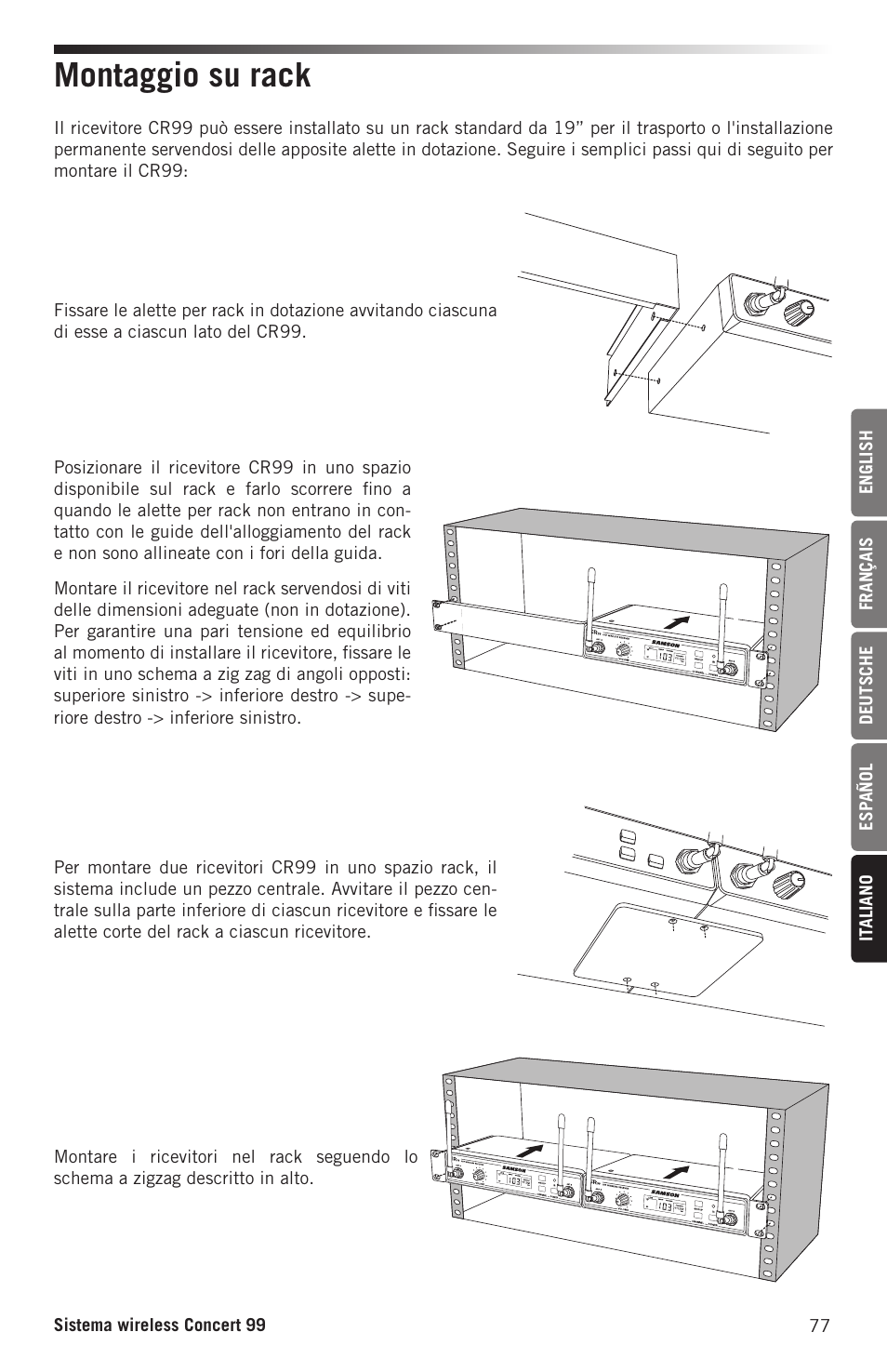 Montaggio su rack | Samson CB99 Concert 99 Frequency-Agile UHF Beltpack Transmitter (D: 542 to 566 MHz) User Manual | Page 77 / 84
