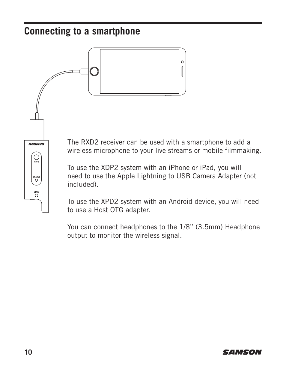 Connecting to a smartphone | Samson Stage Series PXD1 Beltpack Transmitter (No Microphone, No Receiver) User Manual | Page 10 / 12