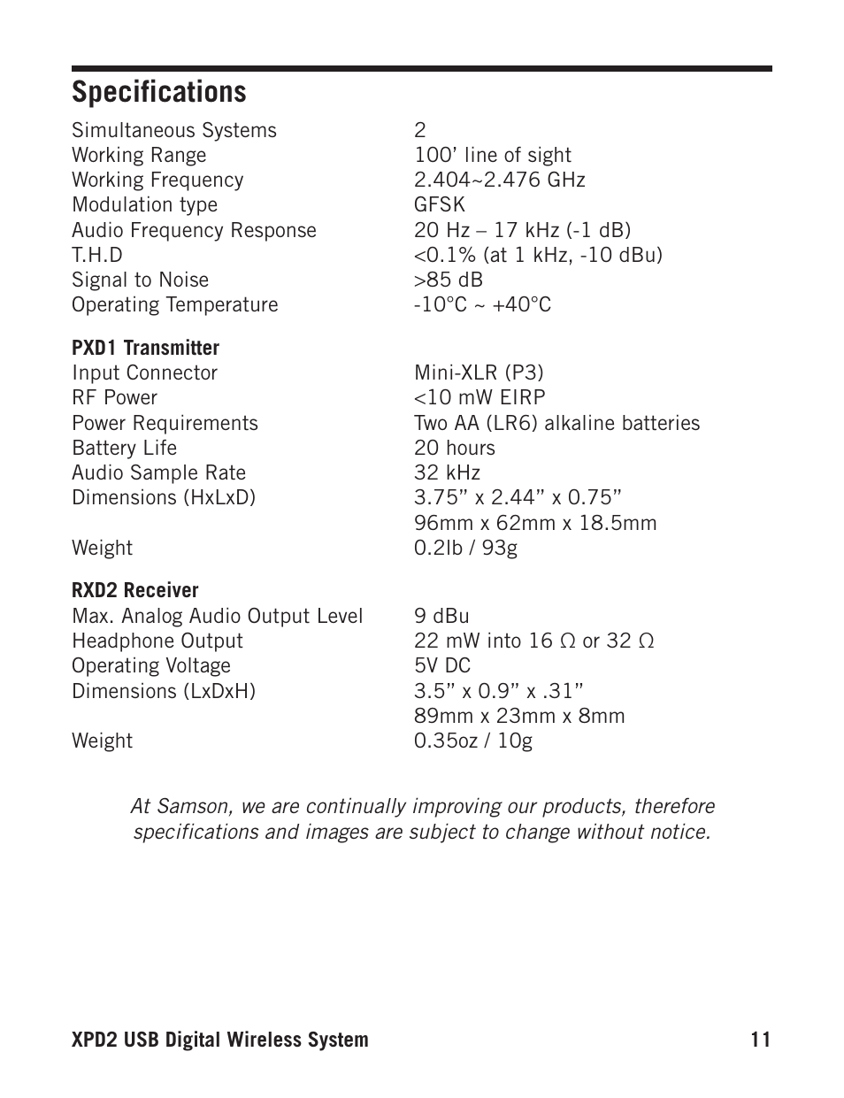 Specifications | Samson Stage Series PXD1 Beltpack Transmitter (No Microphone, No Receiver) User Manual | Page 11 / 12