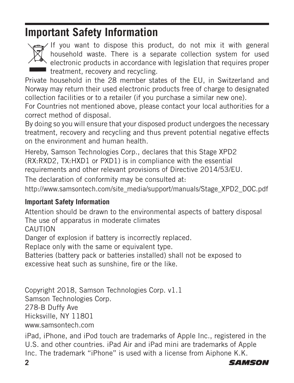 Important safety information | Samson Stage Series PXD1 Beltpack Transmitter (No Microphone, No Receiver) User Manual | Page 2 / 12