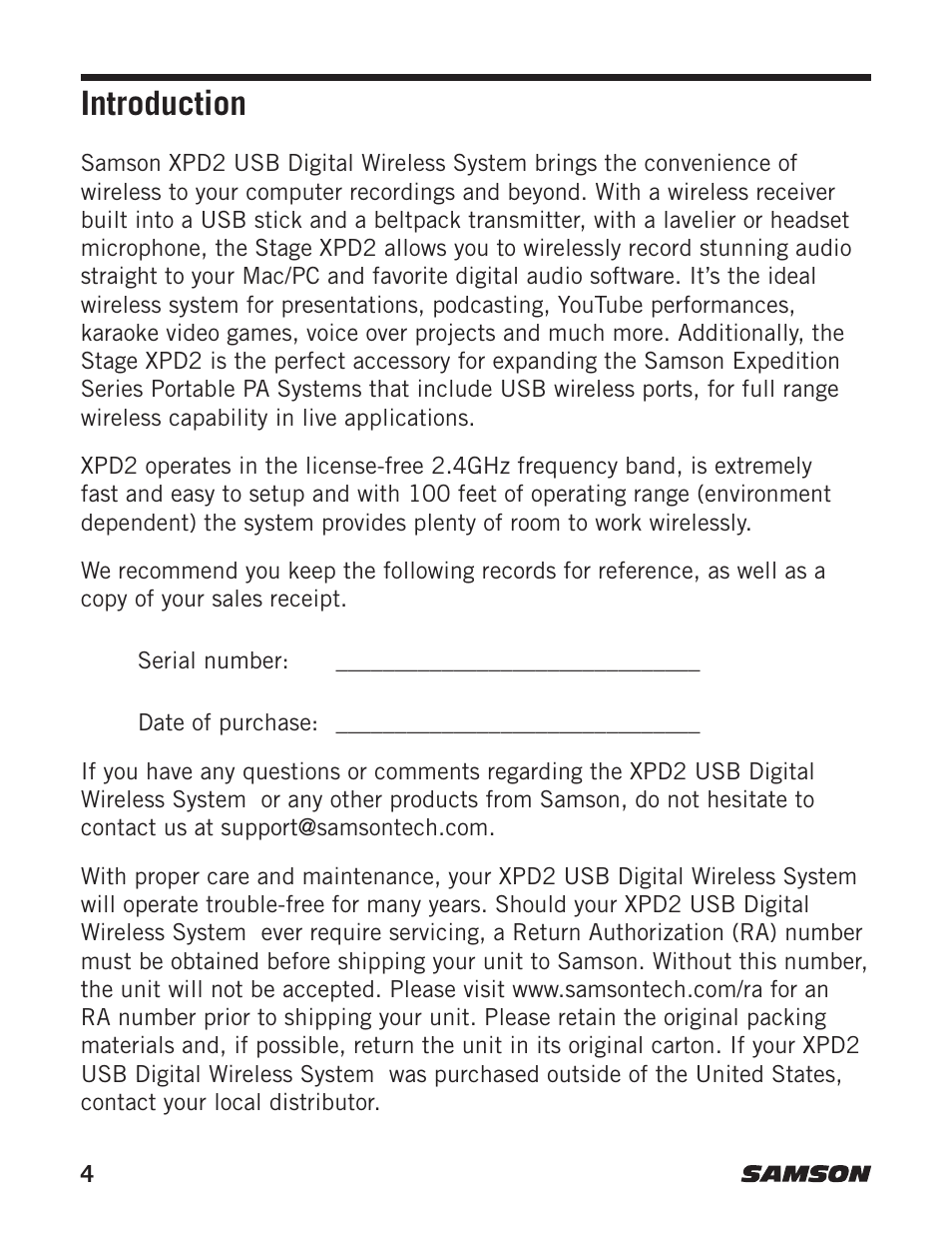 Introduction | Samson Stage Series PXD1 Beltpack Transmitter (No Microphone, No Receiver) User Manual | Page 4 / 12