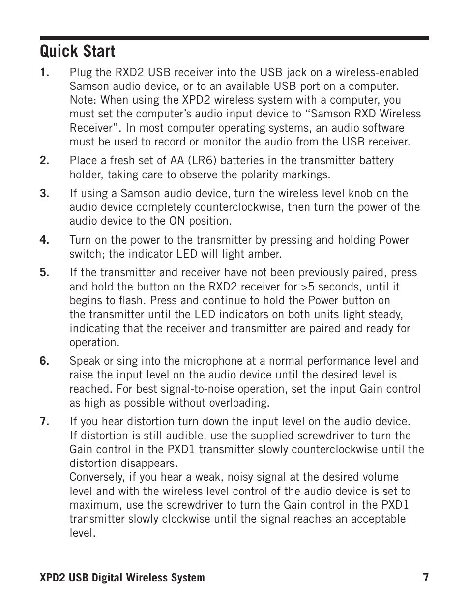 Quick start | Samson Stage Series PXD1 Beltpack Transmitter (No Microphone, No Receiver) User Manual | Page 7 / 12