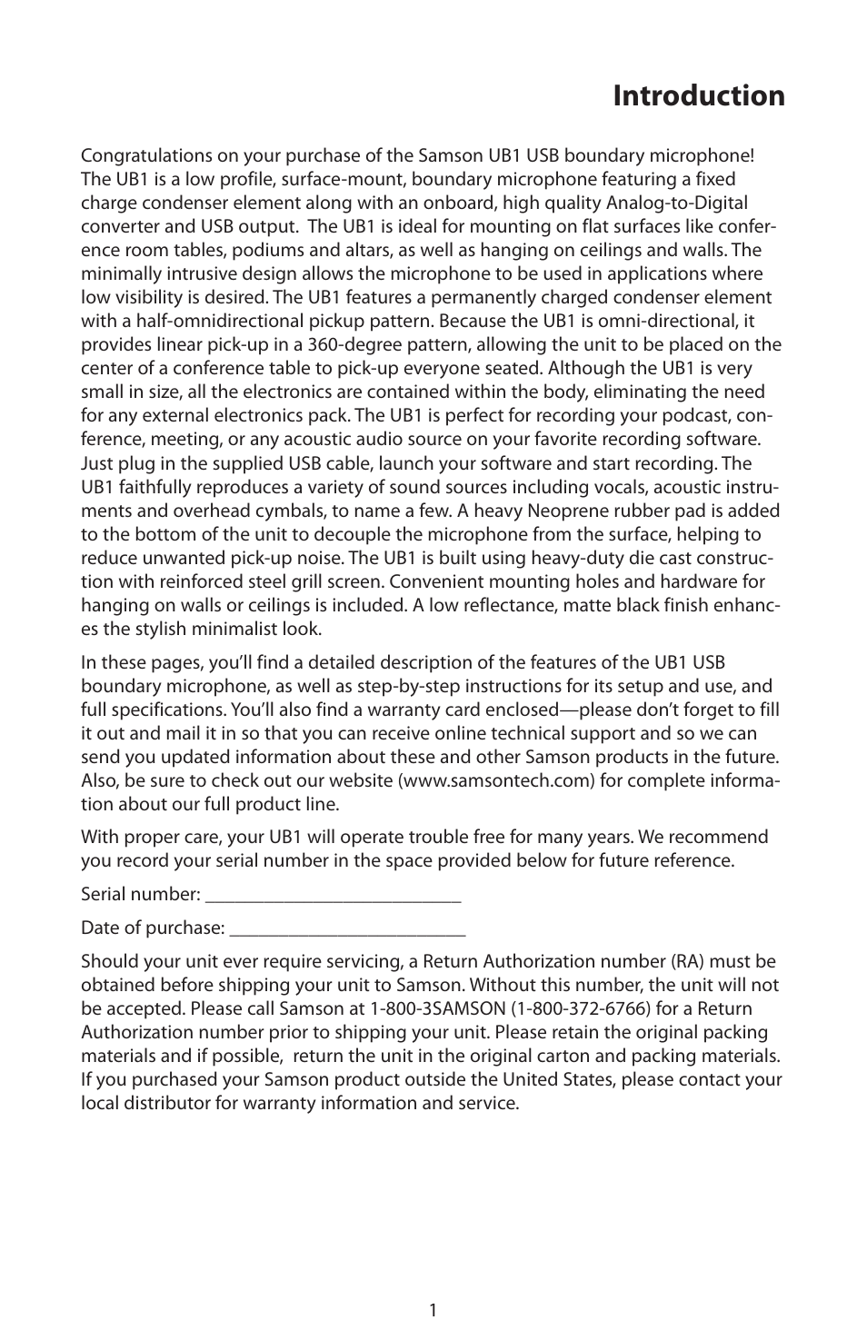 Introduction | Samson UB1 Omnidirectional USB Boundary Microphone User Manual | Page 3 / 12