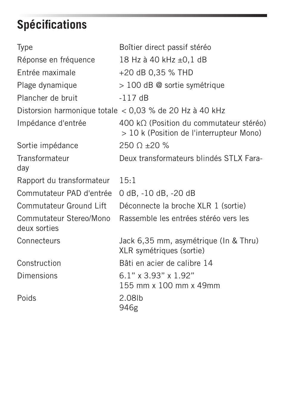 Spécifications | Samson S-MAX MD2 Pro 2-Channel Passive Direct Box User Manual | Page 12 / 32