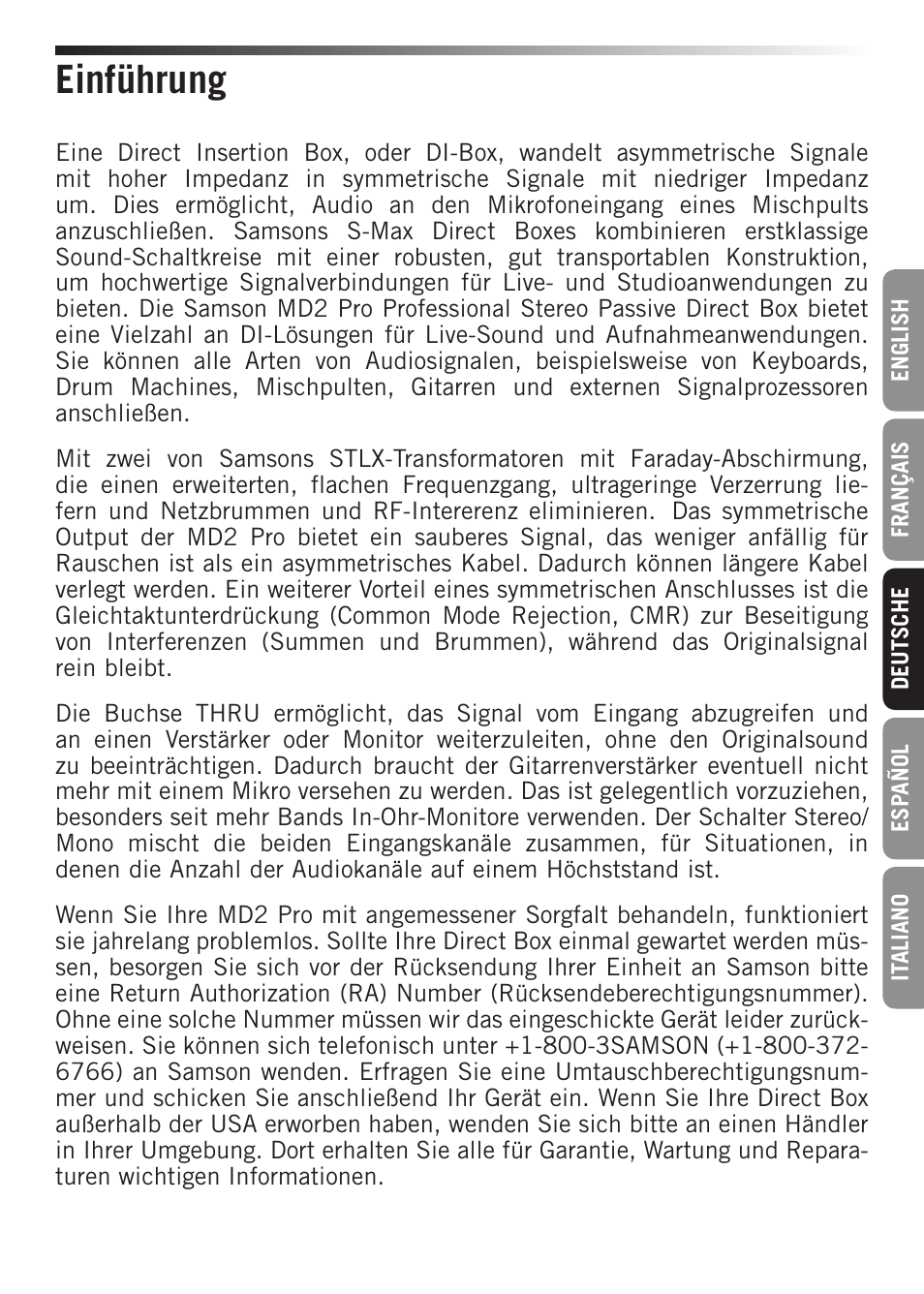 Einführung | Samson S-MAX MD2 Pro 2-Channel Passive Direct Box User Manual | Page 15 / 32