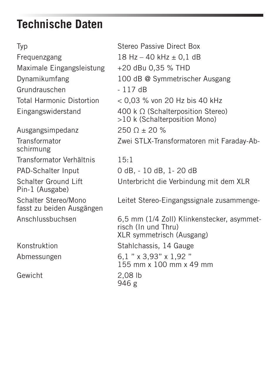 Technische daten | Samson S-MAX MD2 Pro 2-Channel Passive Direct Box User Manual | Page 18 / 32