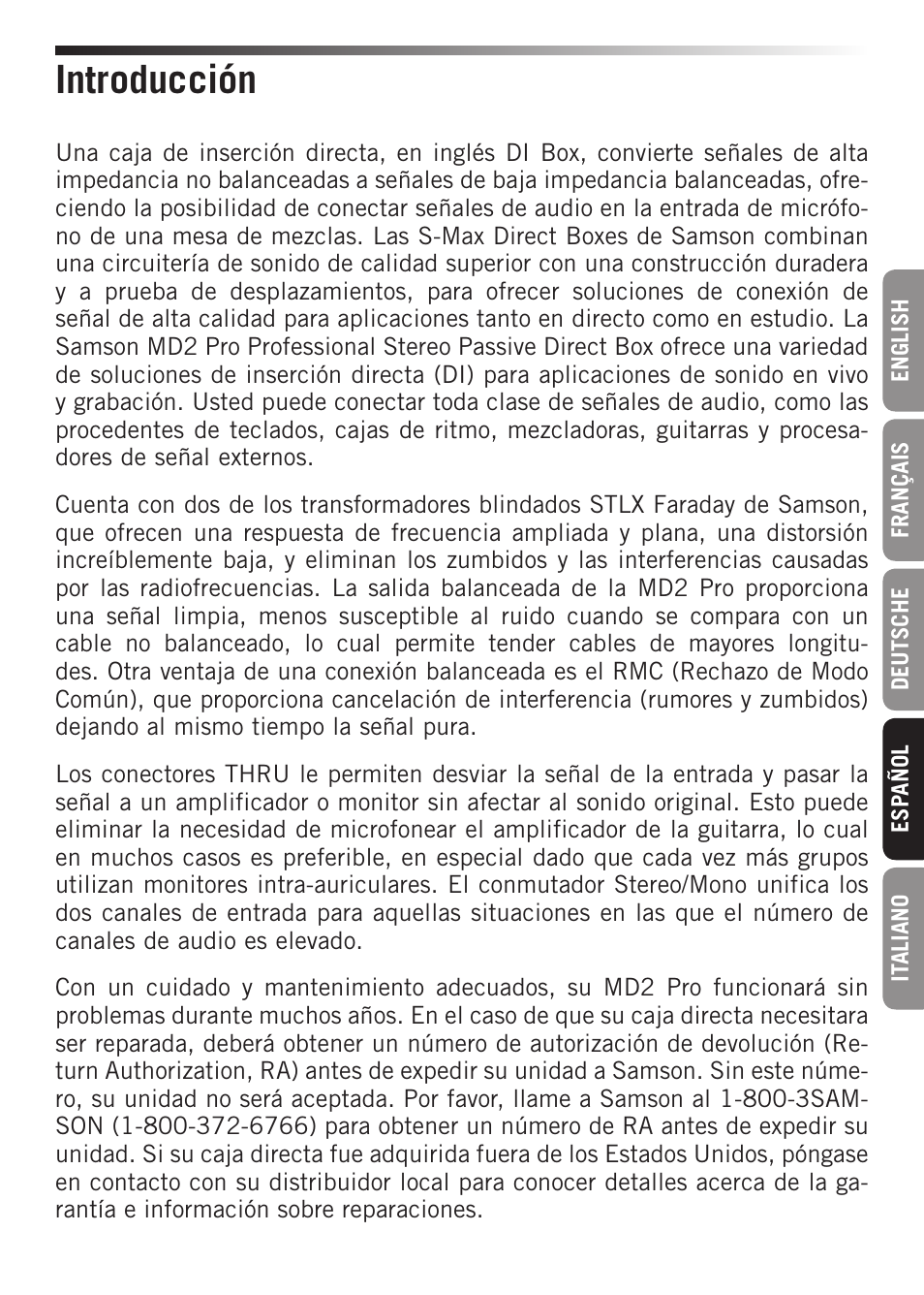 Introducción | Samson S-MAX MD2 Pro 2-Channel Passive Direct Box User Manual | Page 21 / 32