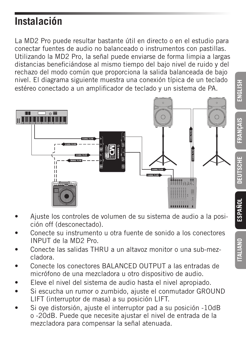 Instalación | Samson S-MAX MD2 Pro 2-Channel Passive Direct Box User Manual | Page 23 / 32