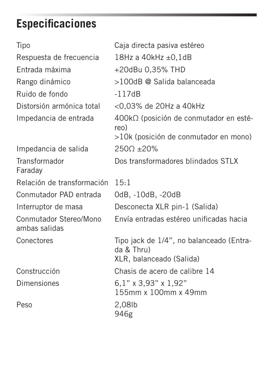 Especificaciones | Samson S-MAX MD2 Pro 2-Channel Passive Direct Box User Manual | Page 24 / 32