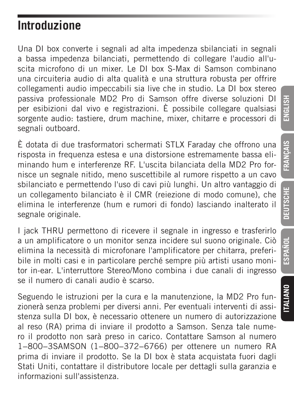 Introduzione | Samson S-MAX MD2 Pro 2-Channel Passive Direct Box User Manual | Page 27 / 32
