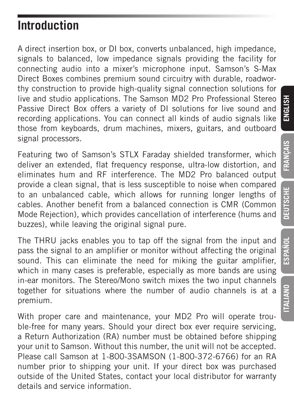 Introduction | Samson S-MAX MD2 Pro 2-Channel Passive Direct Box User Manual | Page 3 / 32