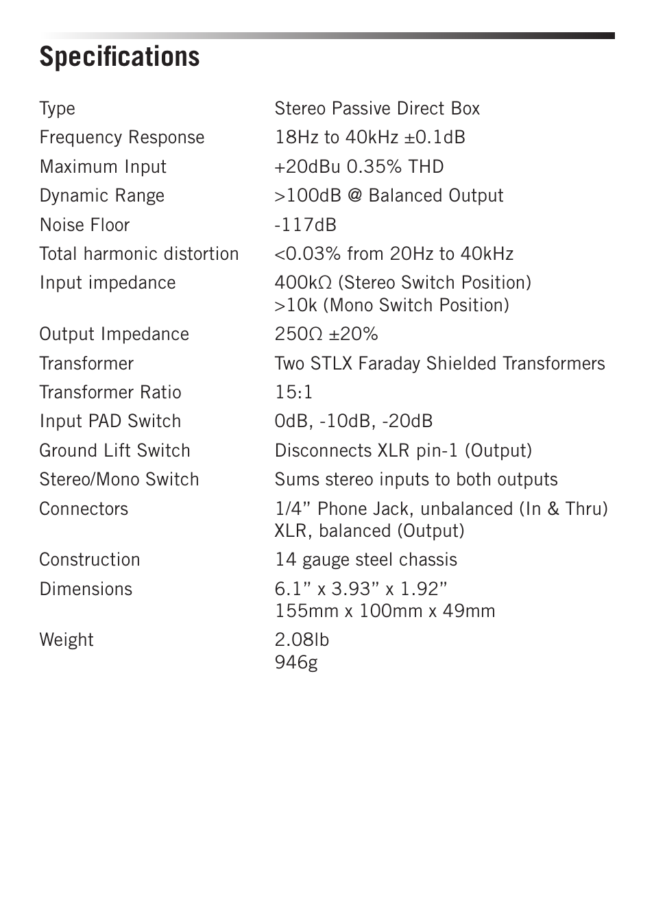 Specifications | Samson S-MAX MD2 Pro 2-Channel Passive Direct Box User Manual | Page 6 / 32