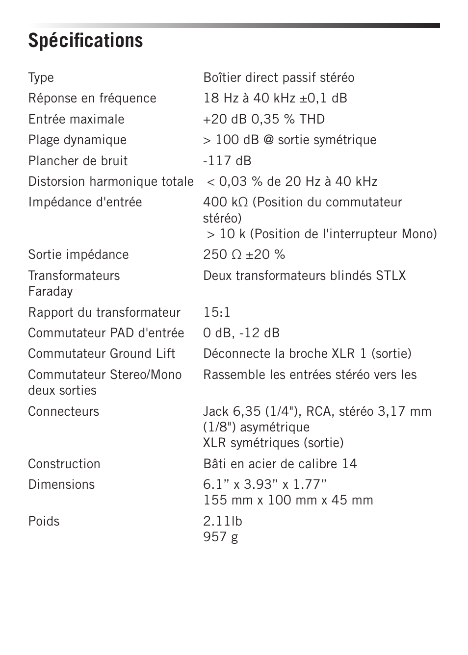 Spécifications | Samson S-MAX MCD2 Pro 2-Channel Passive PC Direct Box User Manual | Page 14 / 36