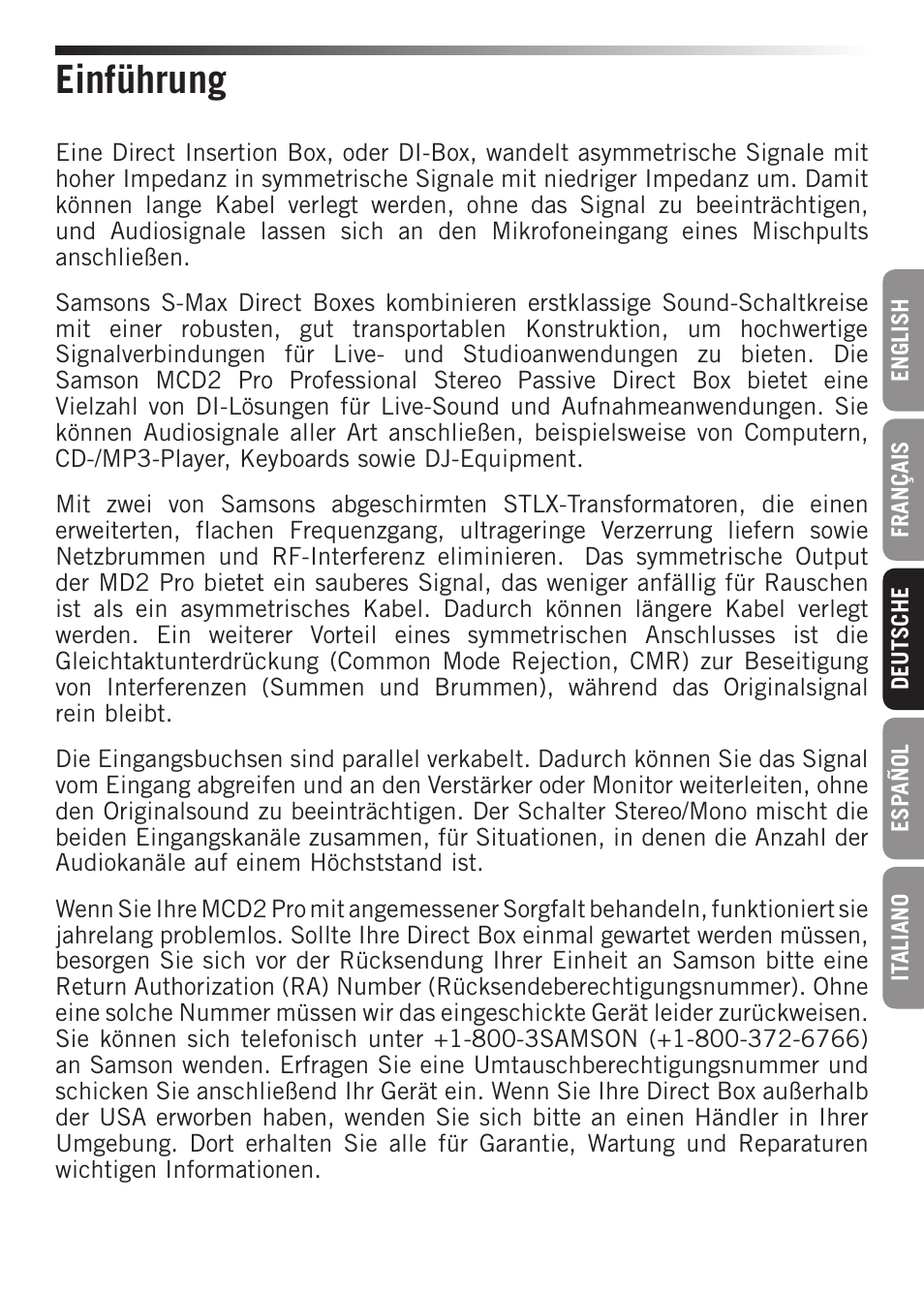 Einführung | Samson S-MAX MCD2 Pro 2-Channel Passive PC Direct Box User Manual | Page 17 / 36