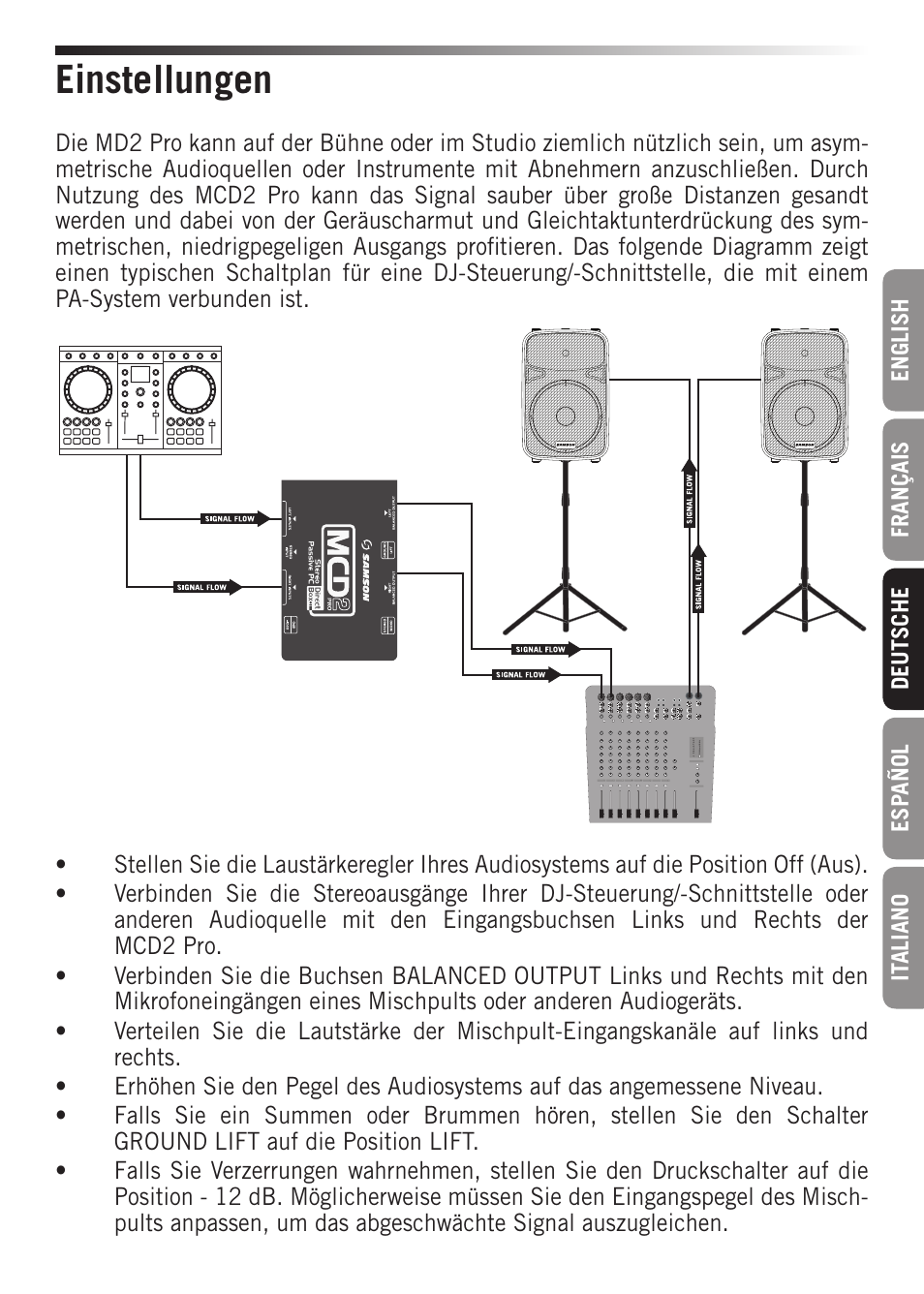 Einstellungen | Samson S-MAX MCD2 Pro 2-Channel Passive PC Direct Box User Manual | Page 19 / 36