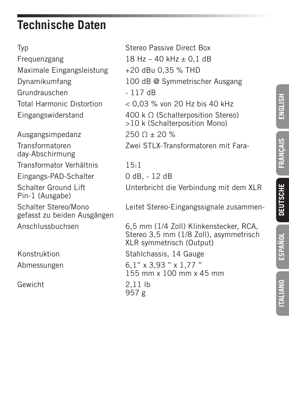 Technische daten | Samson S-MAX MCD2 Pro 2-Channel Passive PC Direct Box User Manual | Page 21 / 36