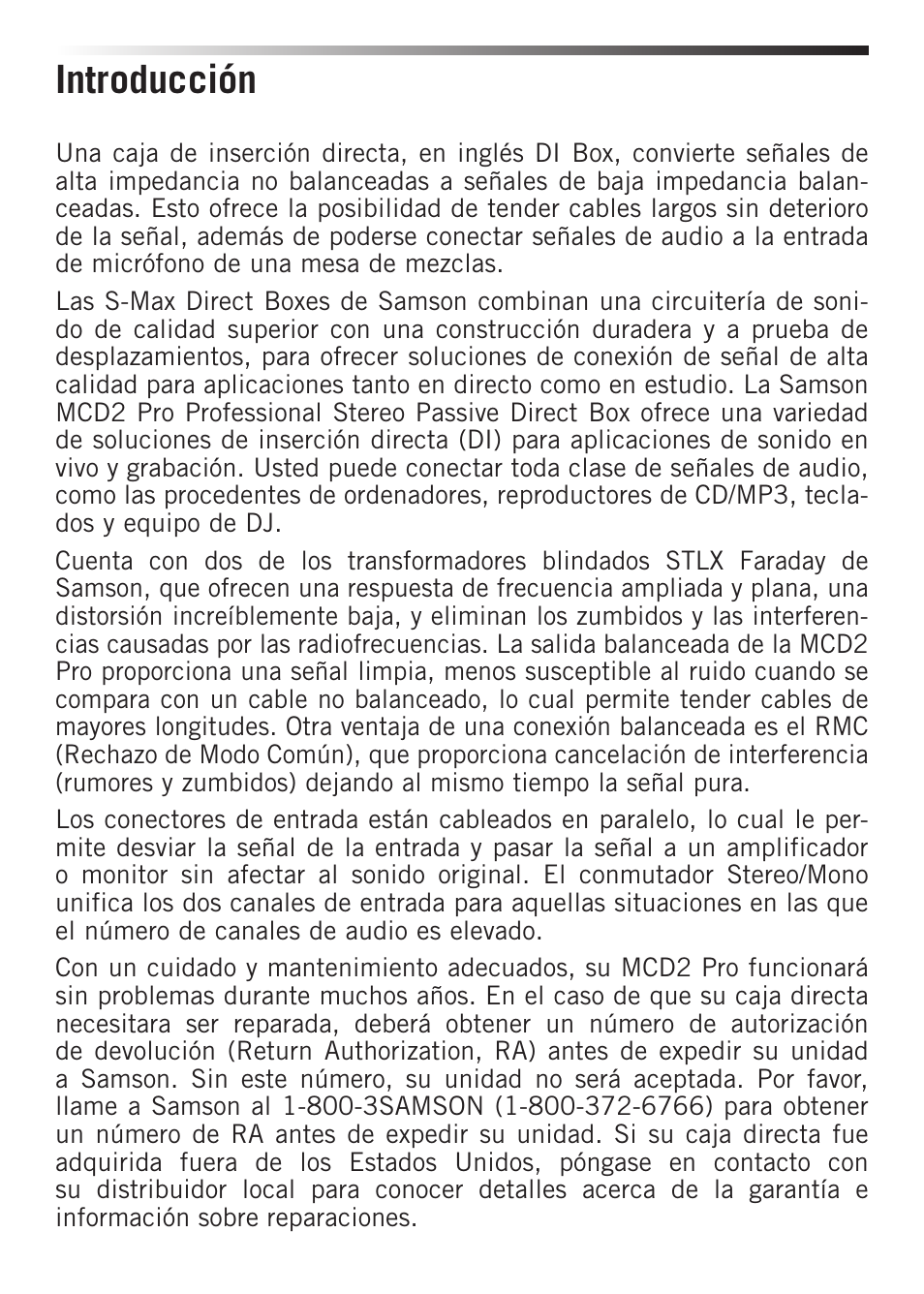 Introducción | Samson S-MAX MCD2 Pro 2-Channel Passive PC Direct Box User Manual | Page 24 / 36