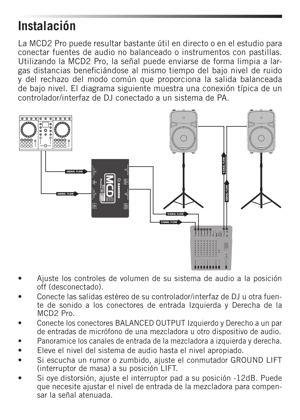 Instalación | Samson S-MAX MCD2 Pro 2-Channel Passive PC Direct Box User Manual | Page 26 / 36