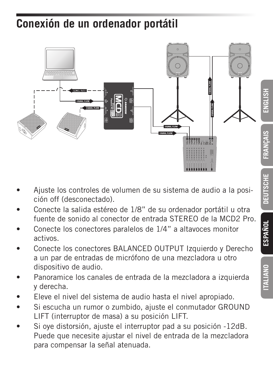 Conexión de un ordenador portátil | Samson S-MAX MCD2 Pro 2-Channel Passive PC Direct Box User Manual | Page 27 / 36