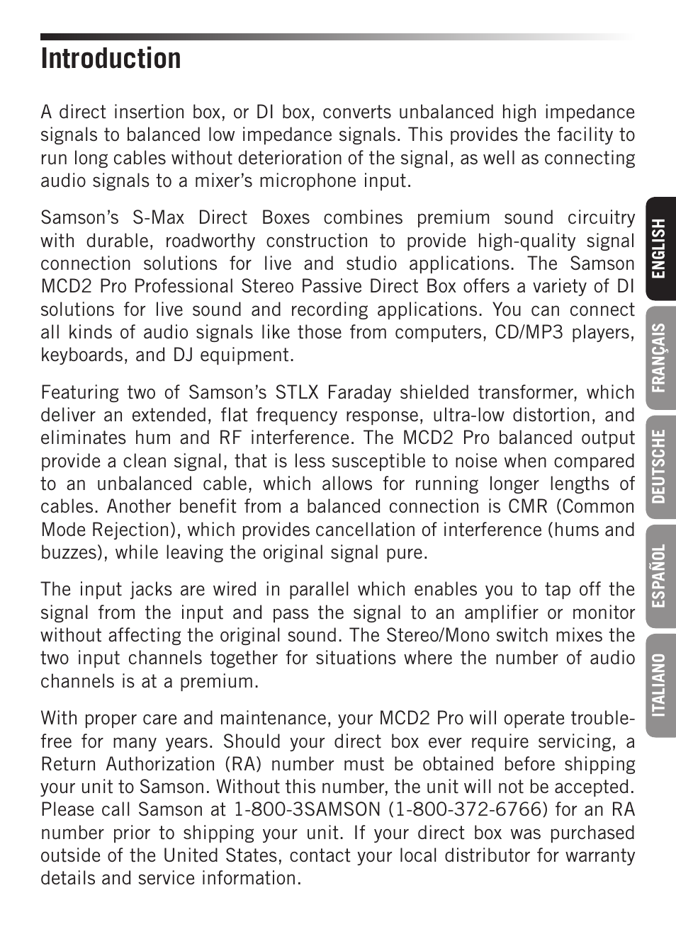 Introduction | Samson S-MAX MCD2 Pro 2-Channel Passive PC Direct Box User Manual | Page 3 / 36