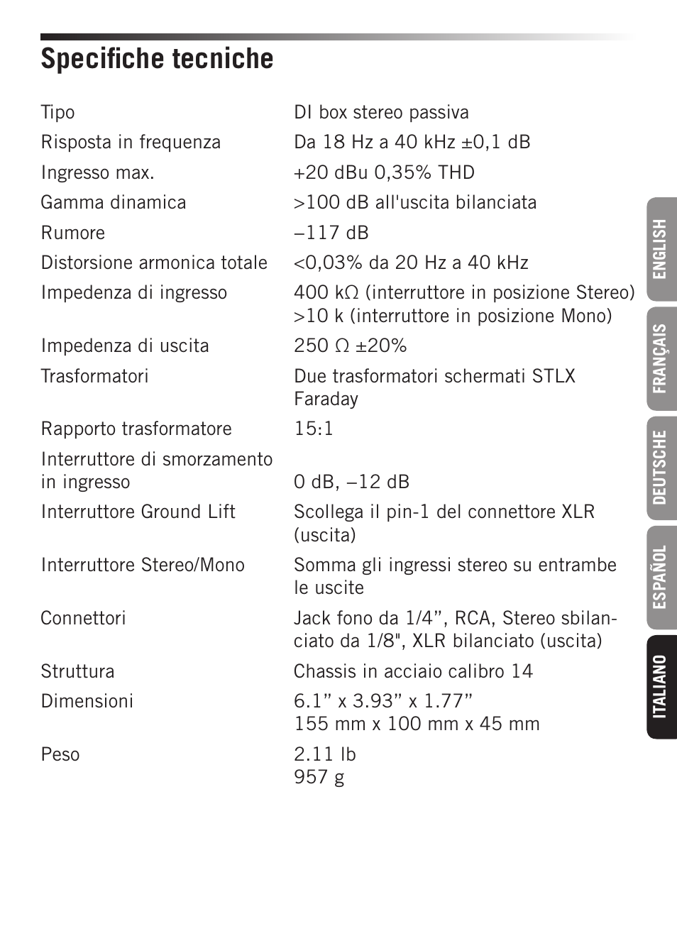 Specifiche tecniche | Samson S-MAX MCD2 Pro 2-Channel Passive PC Direct Box User Manual | Page 35 / 36