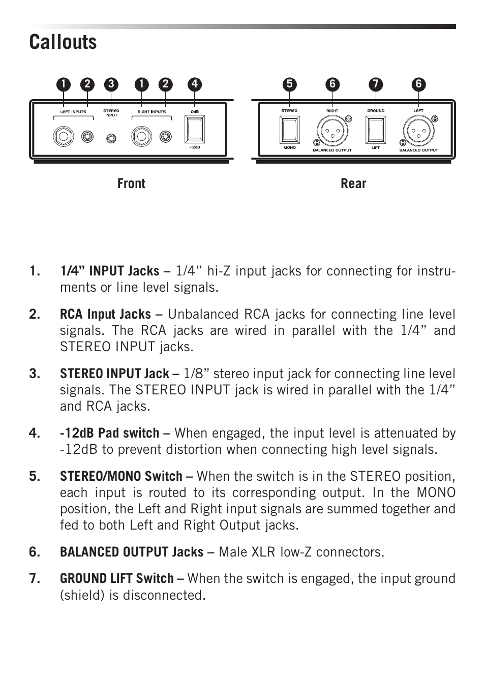 Callouts | Samson S-MAX MCD2 Pro 2-Channel Passive PC Direct Box User Manual | Page 4 / 36