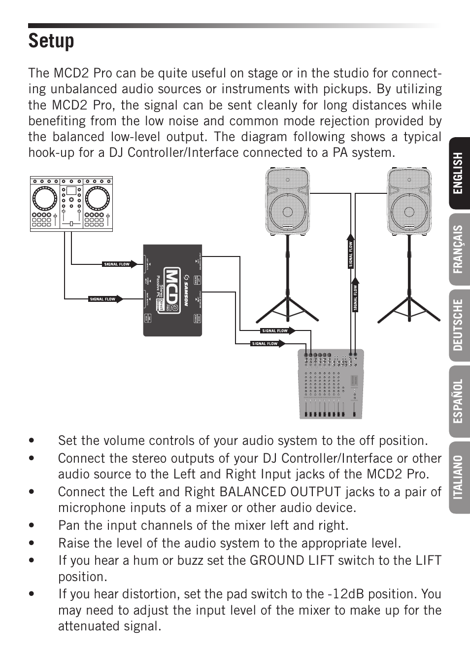 Setup | Samson S-MAX MCD2 Pro 2-Channel Passive PC Direct Box User Manual | Page 5 / 36