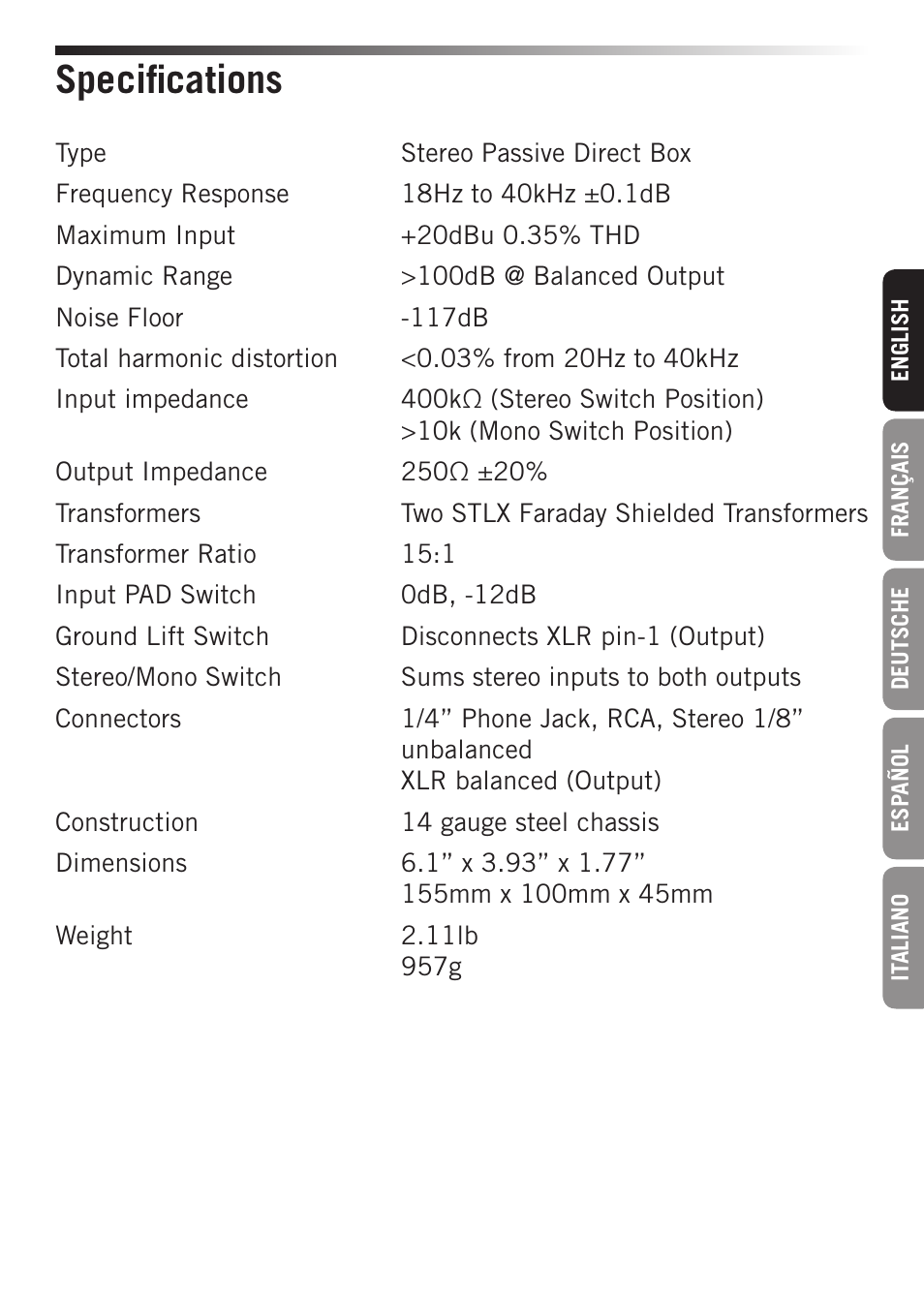 Specifications | Samson S-MAX MCD2 Pro 2-Channel Passive PC Direct Box User Manual | Page 7 / 36