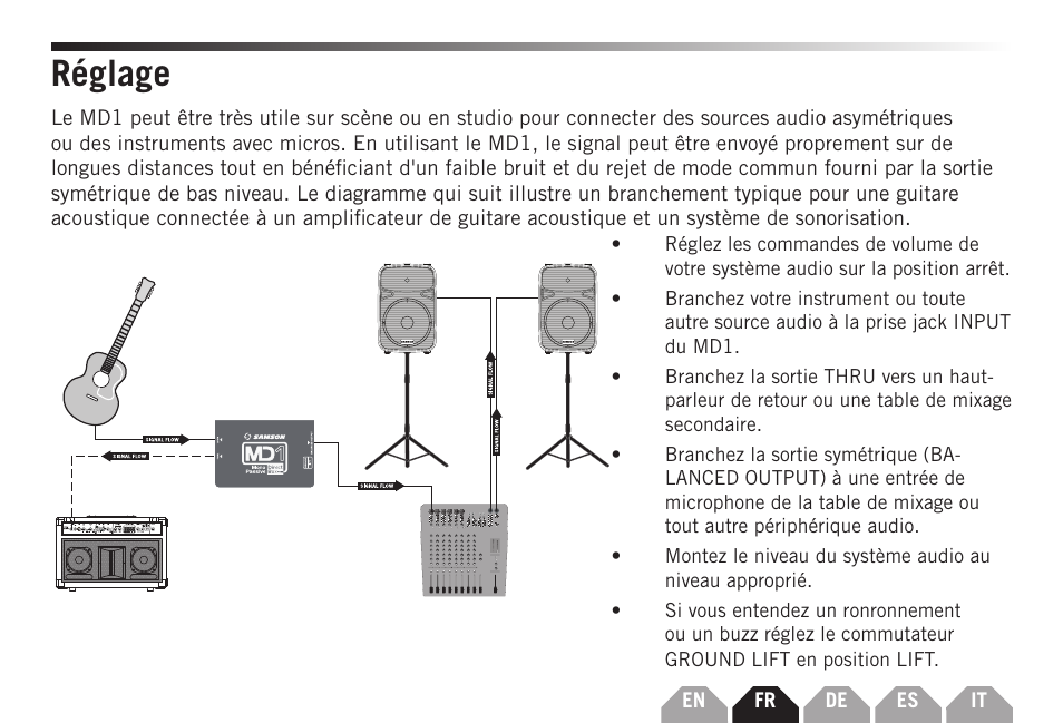 Réglage | Samson S-MAX MD1 Single Channel Passive Direct Box User Manual | Page 11 / 32