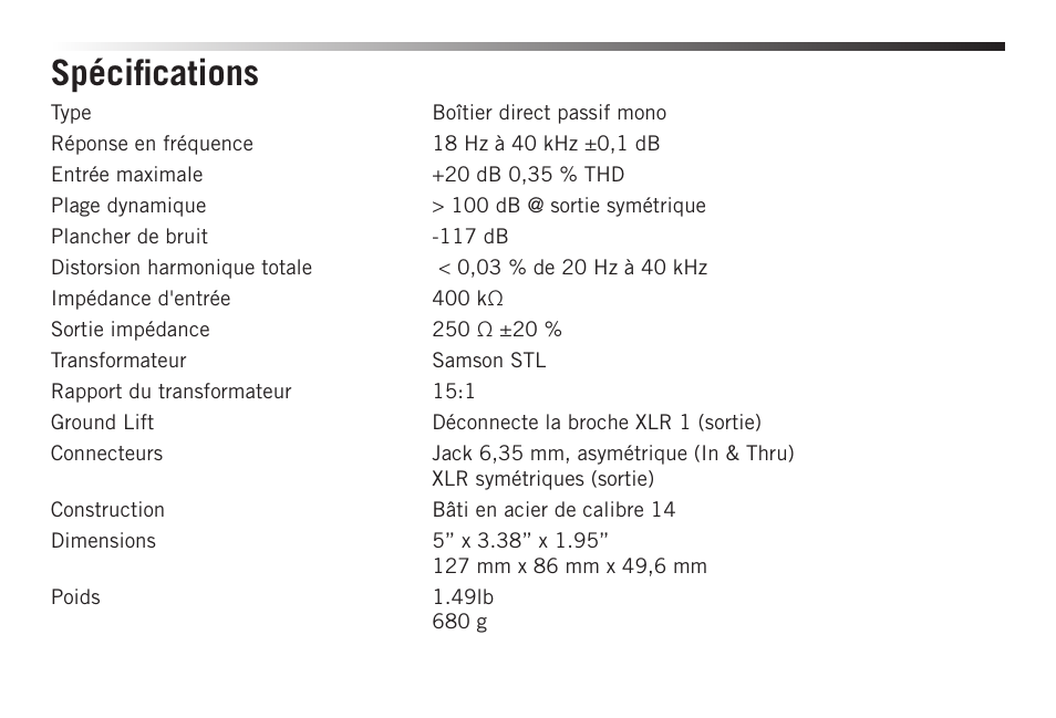 Spécifications | Samson S-MAX MD1 Single Channel Passive Direct Box User Manual | Page 12 / 32
