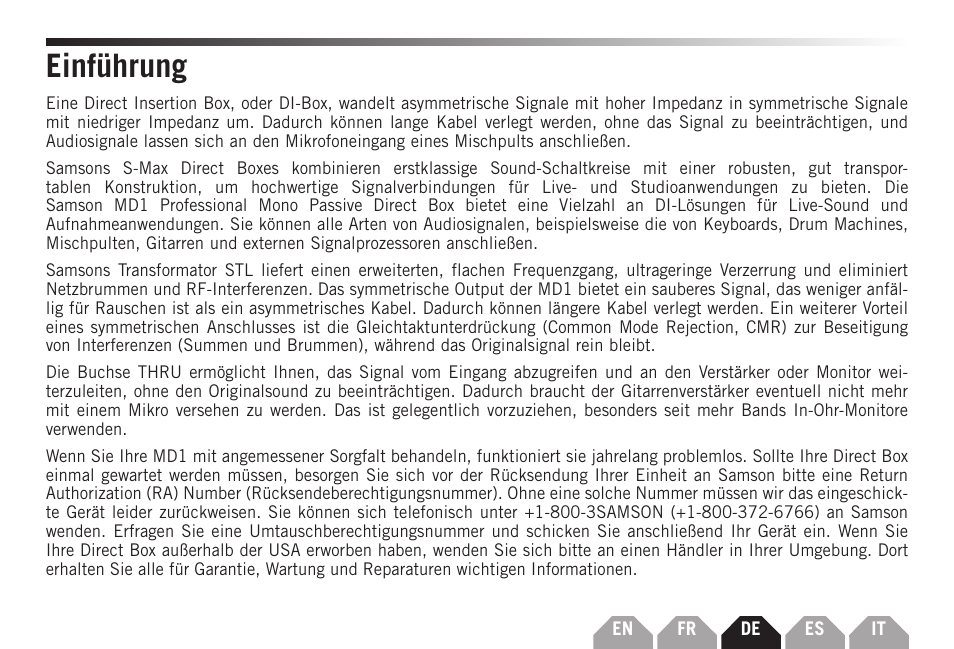 Einführung | Samson S-MAX MD1 Single Channel Passive Direct Box User Manual | Page 15 / 32