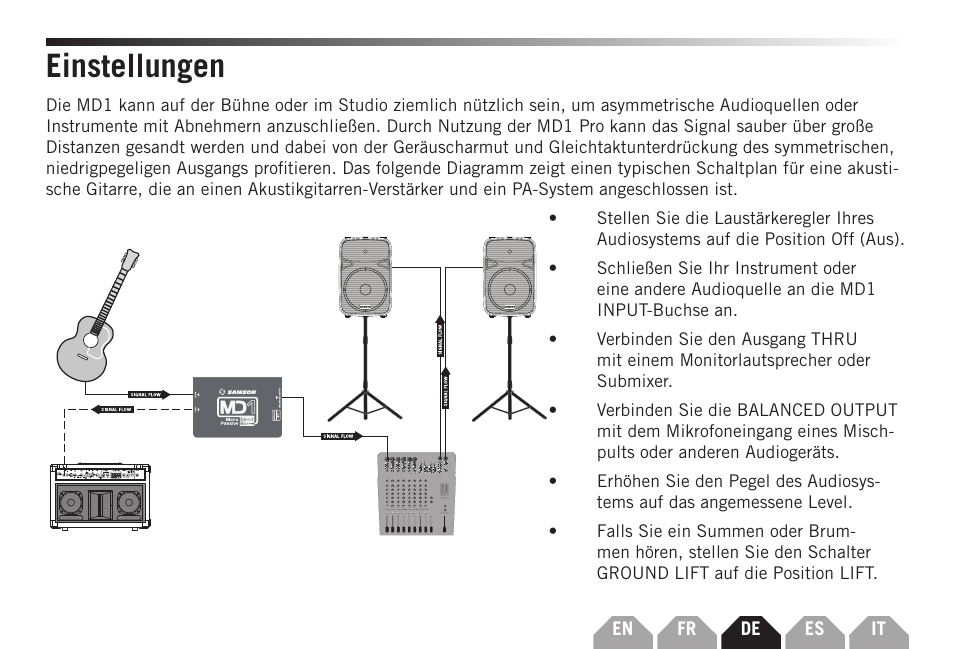 Einstellungen | Samson S-MAX MD1 Single Channel Passive Direct Box User Manual | Page 17 / 32