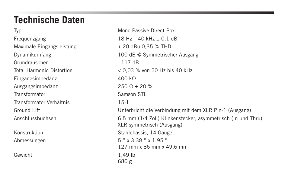 Technische daten | Samson S-MAX MD1 Single Channel Passive Direct Box User Manual | Page 18 / 32
