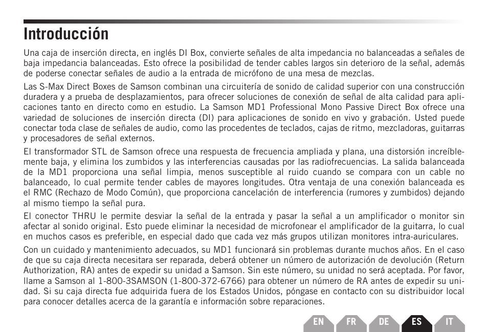 Introducción | Samson S-MAX MD1 Single Channel Passive Direct Box User Manual | Page 21 / 32