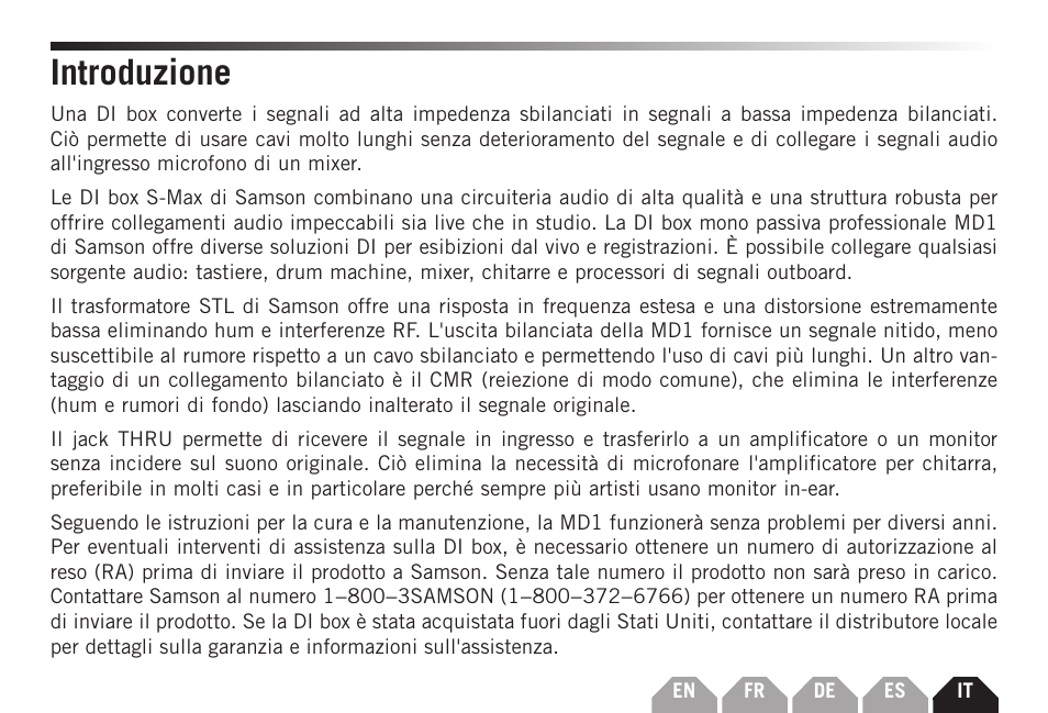 Introduzione | Samson S-MAX MD1 Single Channel Passive Direct Box User Manual | Page 27 / 32