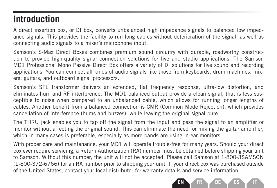 Introduction | Samson S-MAX MD1 Single Channel Passive Direct Box User Manual | Page 3 / 32