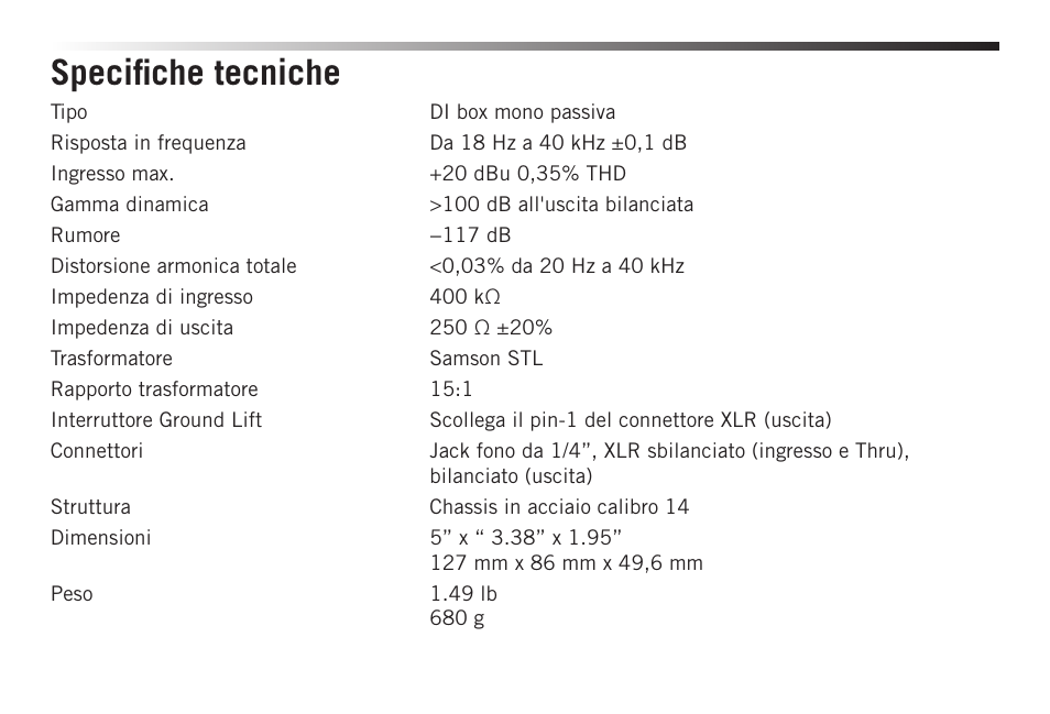 Specifiche tecniche | Samson S-MAX MD1 Single Channel Passive Direct Box User Manual | Page 30 / 32