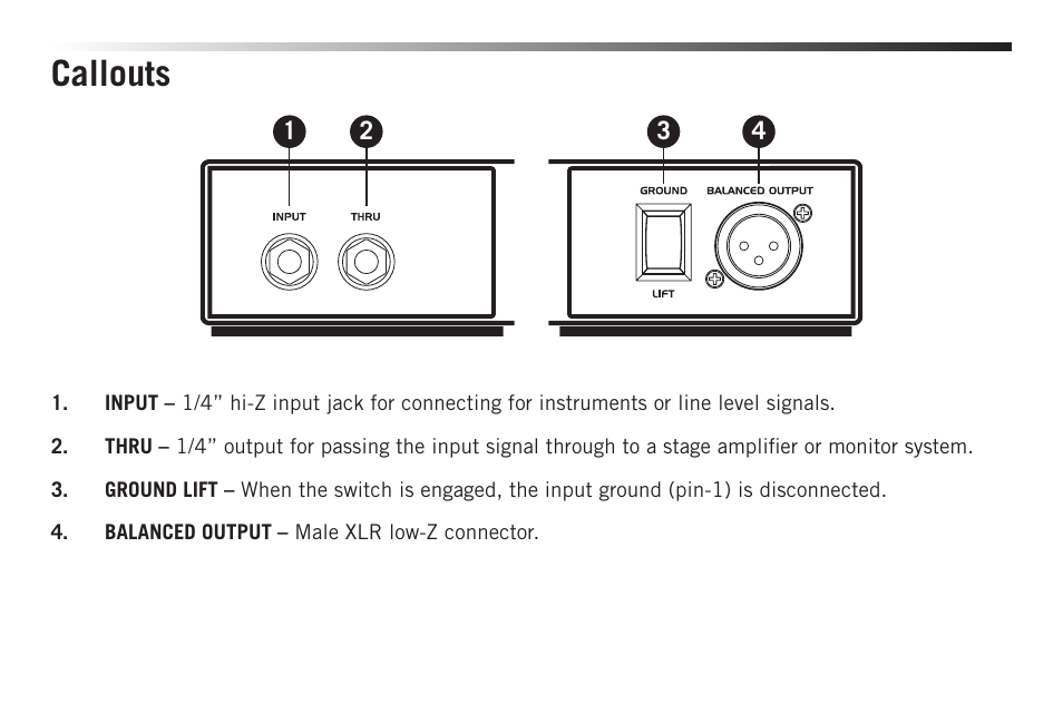Callouts | Samson S-MAX MD1 Single Channel Passive Direct Box User Manual | Page 4 / 32