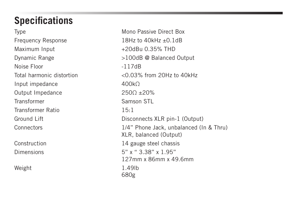 Specifications | Samson S-MAX MD1 Single Channel Passive Direct Box User Manual | Page 6 / 32