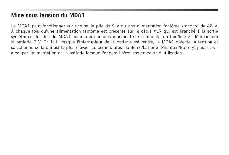 Mise sous tension du mda1 | Samson S-MAX MDA1 Single-Channel Active Direct Box User Manual | Page 12 / 32
