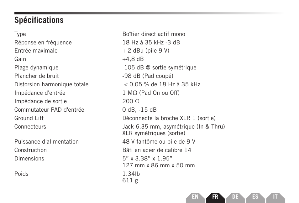 Spécifications | Samson S-MAX MDA1 Single-Channel Active Direct Box User Manual | Page 13 / 32