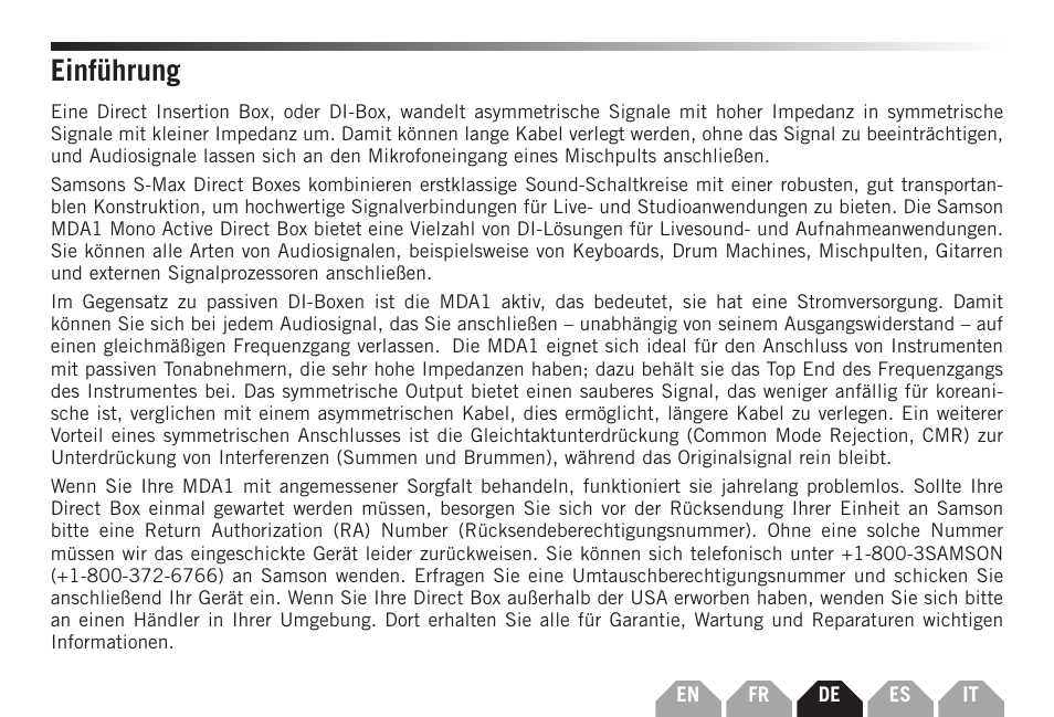 Einführung | Samson S-MAX MDA1 Single-Channel Active Direct Box User Manual | Page 15 / 32