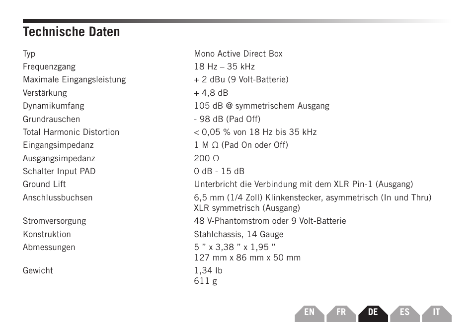 Technische daten | Samson S-MAX MDA1 Single-Channel Active Direct Box User Manual | Page 19 / 32