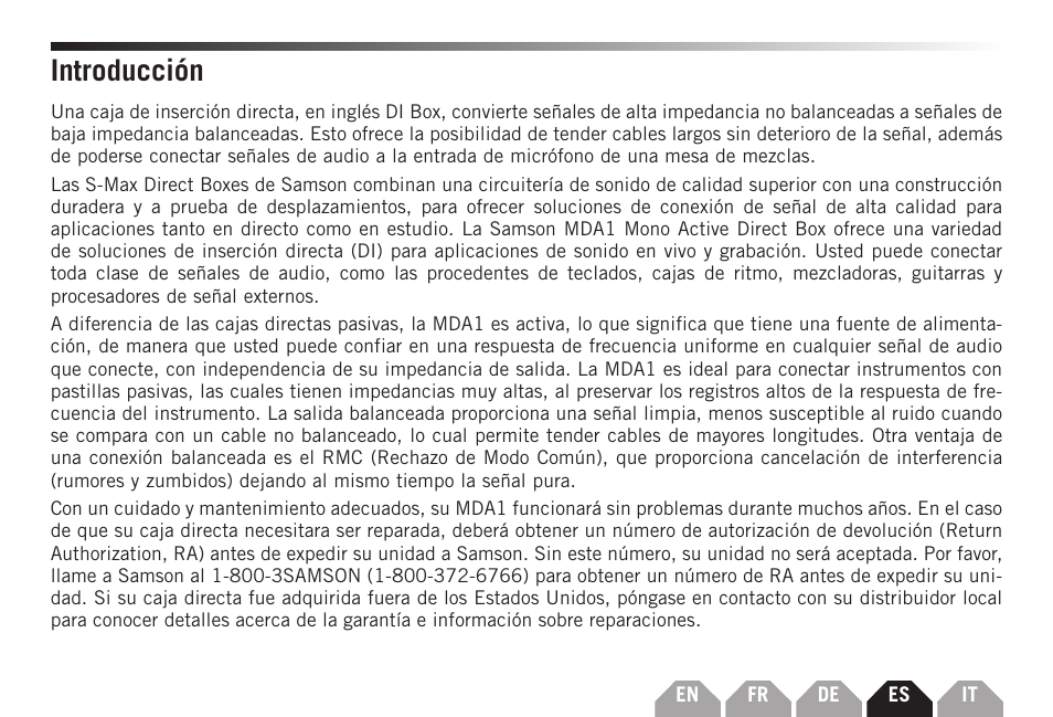 Introducción | Samson S-MAX MDA1 Single-Channel Active Direct Box User Manual | Page 21 / 32
