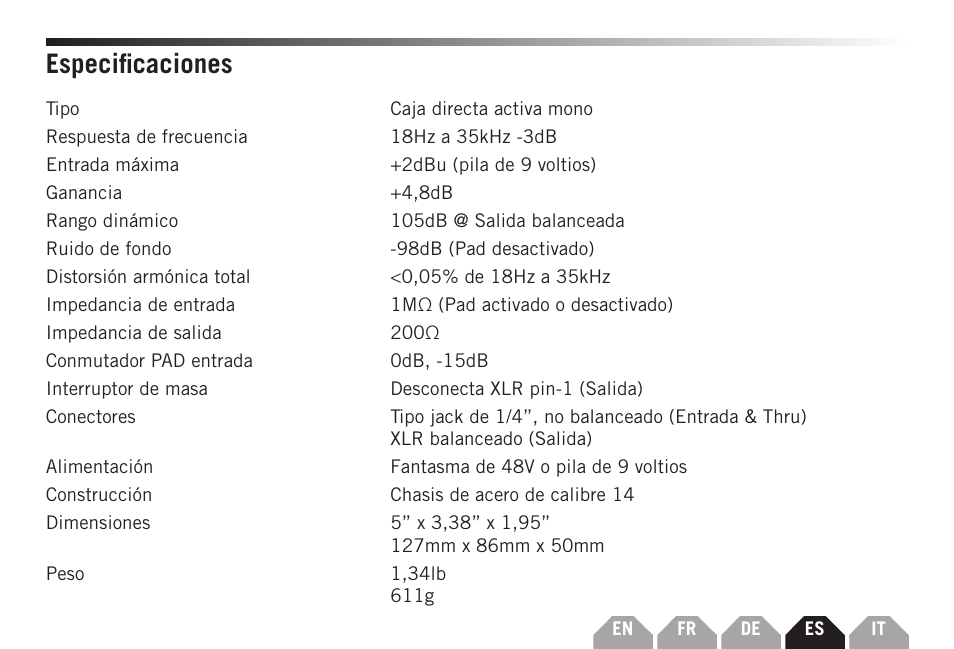 Especificaciones | Samson S-MAX MDA1 Single-Channel Active Direct Box User Manual | Page 25 / 32